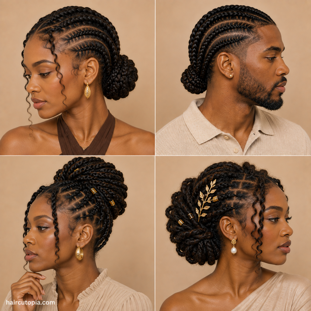 Elegant protective hairstyles featuring braided buns, cornrow updos, twists, and formal protective styles for men and women