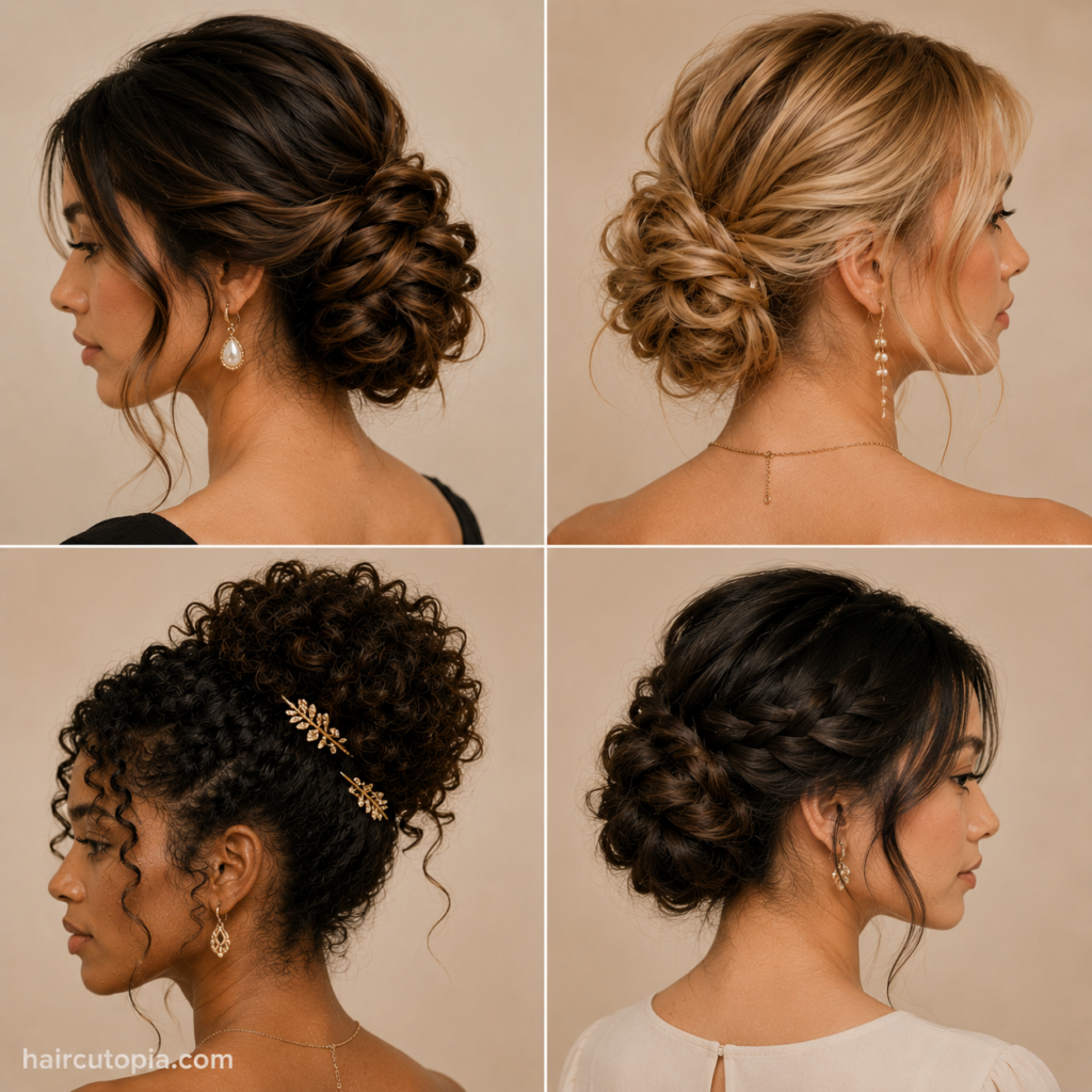 Elegant updo hairstyles featuring low chignons, curly updos, braids, and textured buns