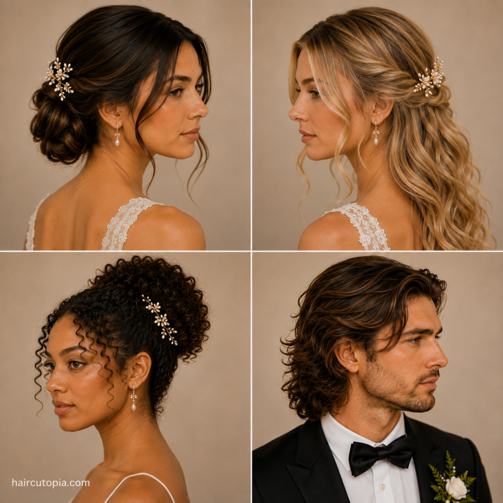 Elegant wedding hairstyles featuring a low bun, half-up waves, curly updo, and swept-back men’s hair