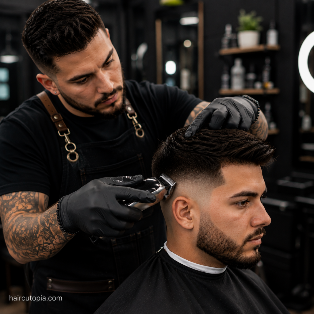 Barber refreshing a fade haircut with clippers