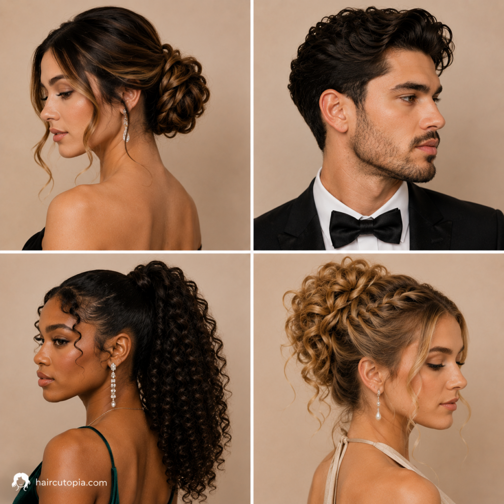 Formal hairstyle ideas featuring an elegant bun, men's formal hair, curly ponytail, and braided curly updo