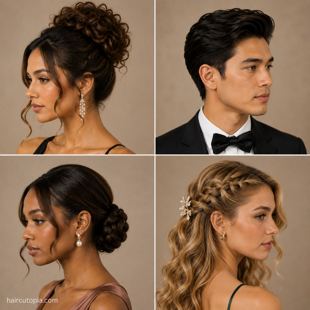 Four formal hairstyles for special events featuring a curly high bun, men’s swept-back hair, low bun, and braided waves