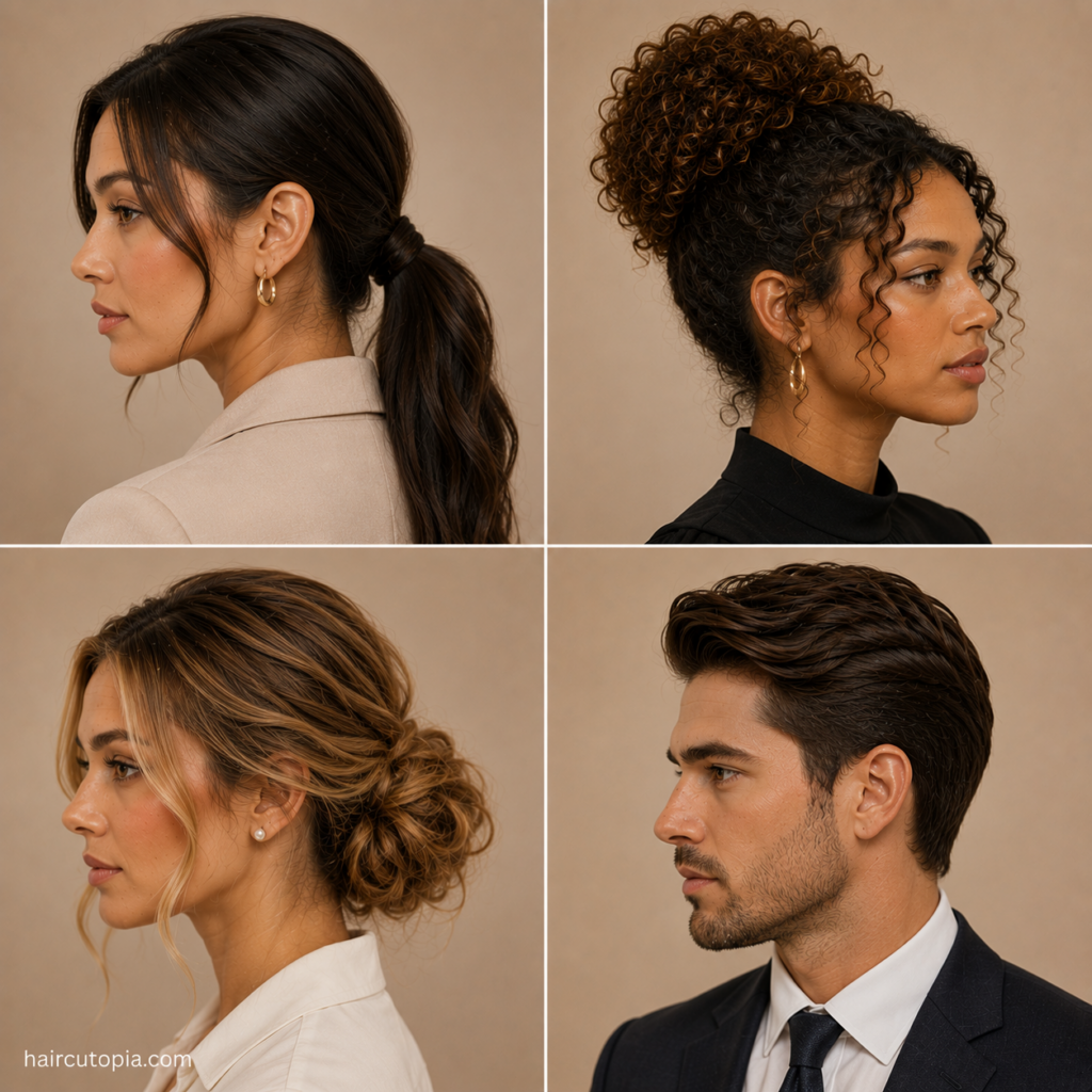 Four formal hairstyles for work featuring a sleek ponytail, curly high bun, textured low bun, and polished men’s hairstyle