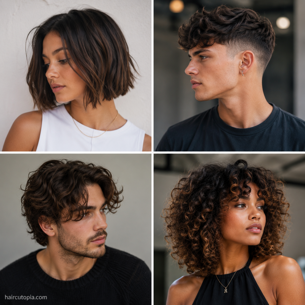 Hair trends 2026 featuring four modern haircuts for men and women