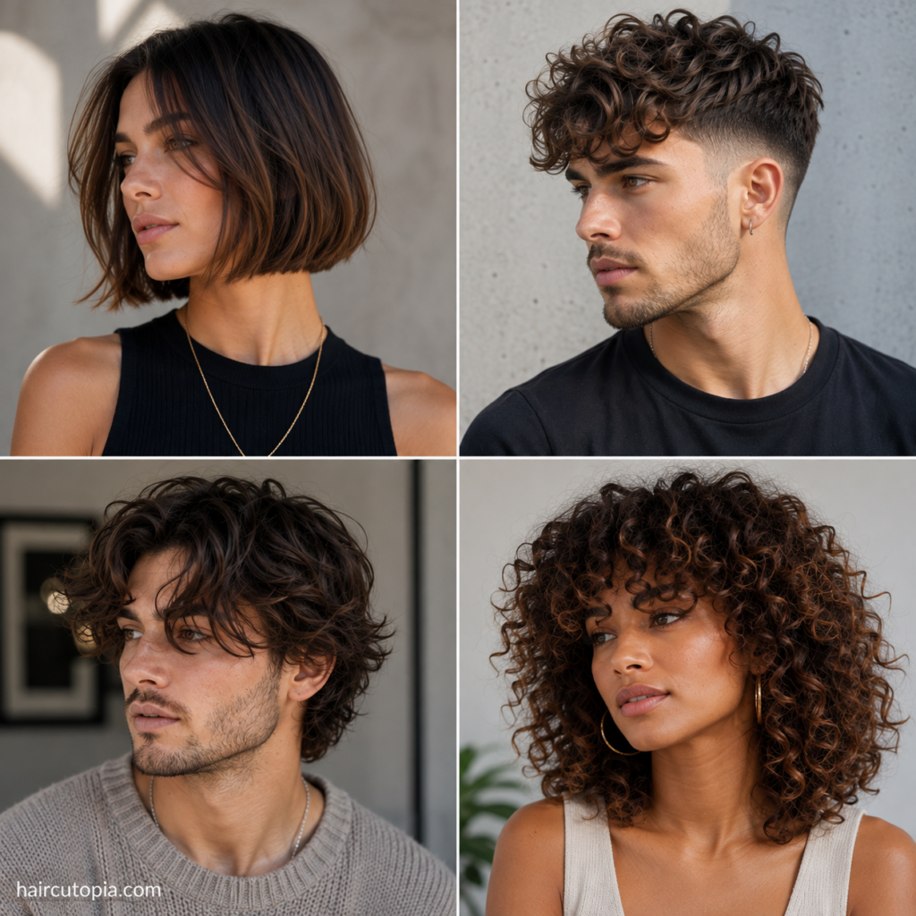 Hair trends 2027 featuring four modern haircuts for men and women