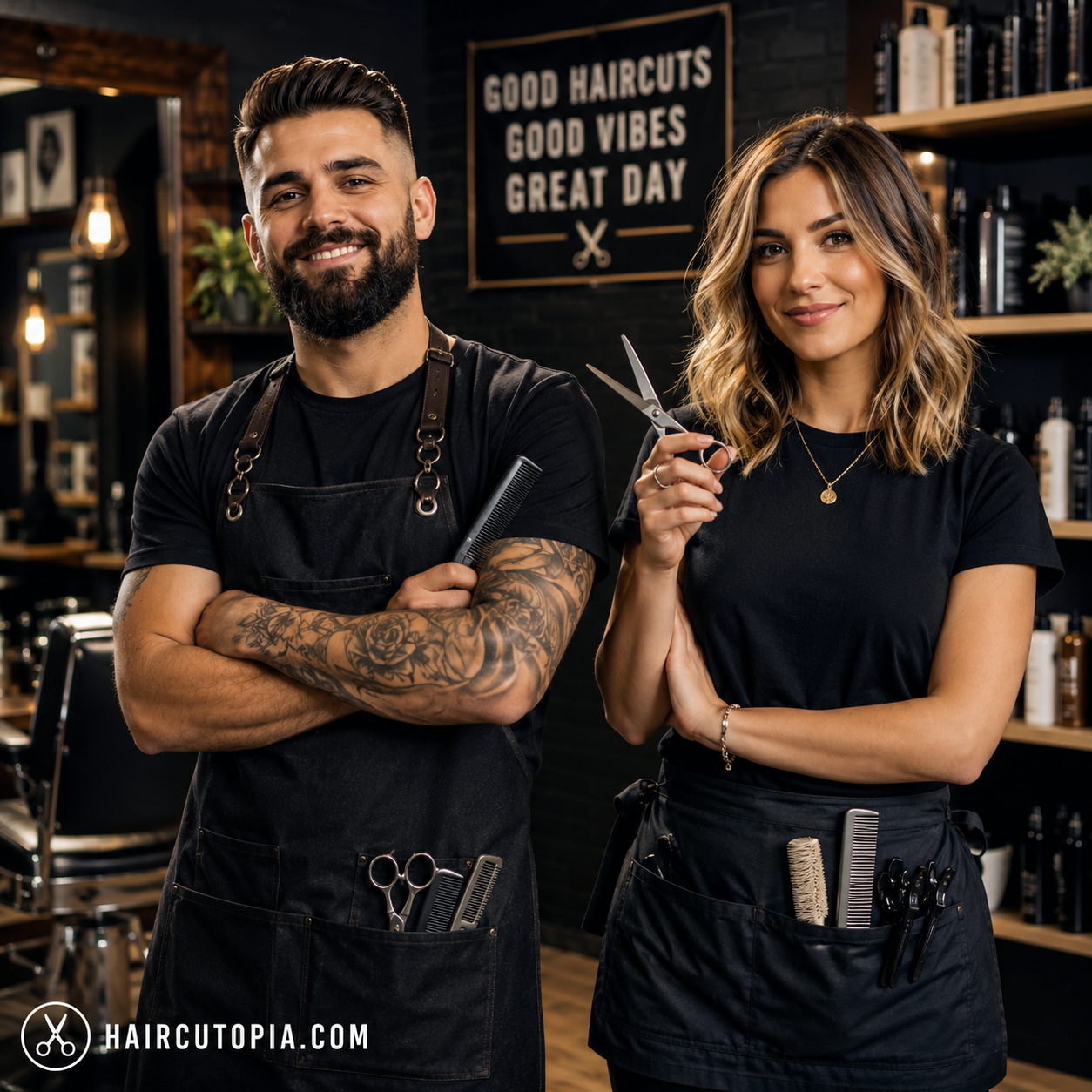 Barber and hairstylist standing in a modern salon representing haircut and hairstyle inspiration from Haircutopia.