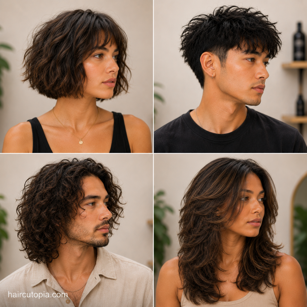 Men and women showcasing haircuts for coarse hair with a textured bob, short crop, curls, and long layered styles