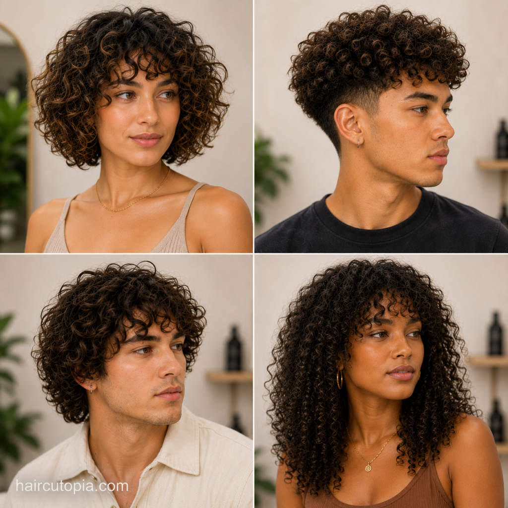 Men and women showcasing haircuts for curly hair with short curls, textured crops, curly bobs, and long layered styles