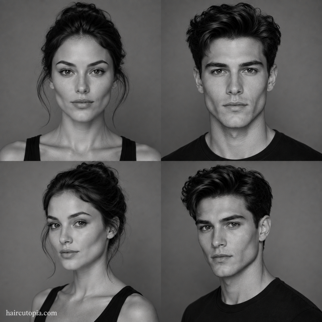 Four-panel black-and-white editorial collage showing feminine-presenting and masculine-presenting adults with diamond face shapes from front and three-quarter views.
