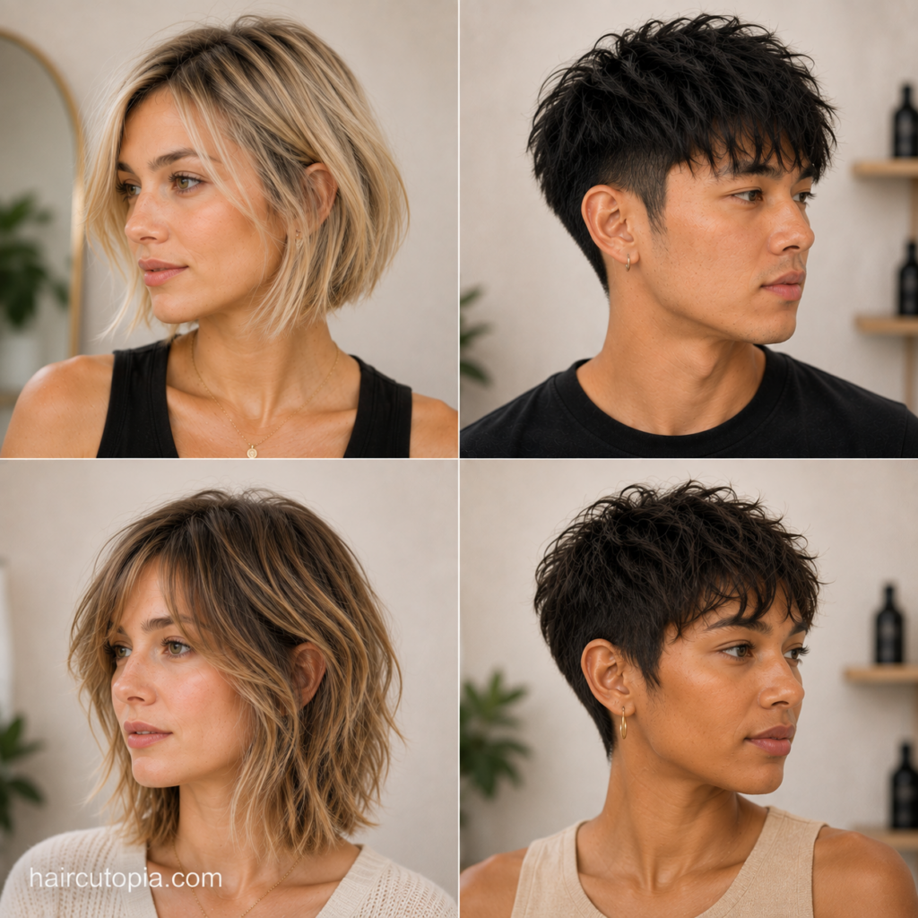 Men and women showcasing haircuts for fine hair with bobs, textured crops, soft waves, and short layered styles