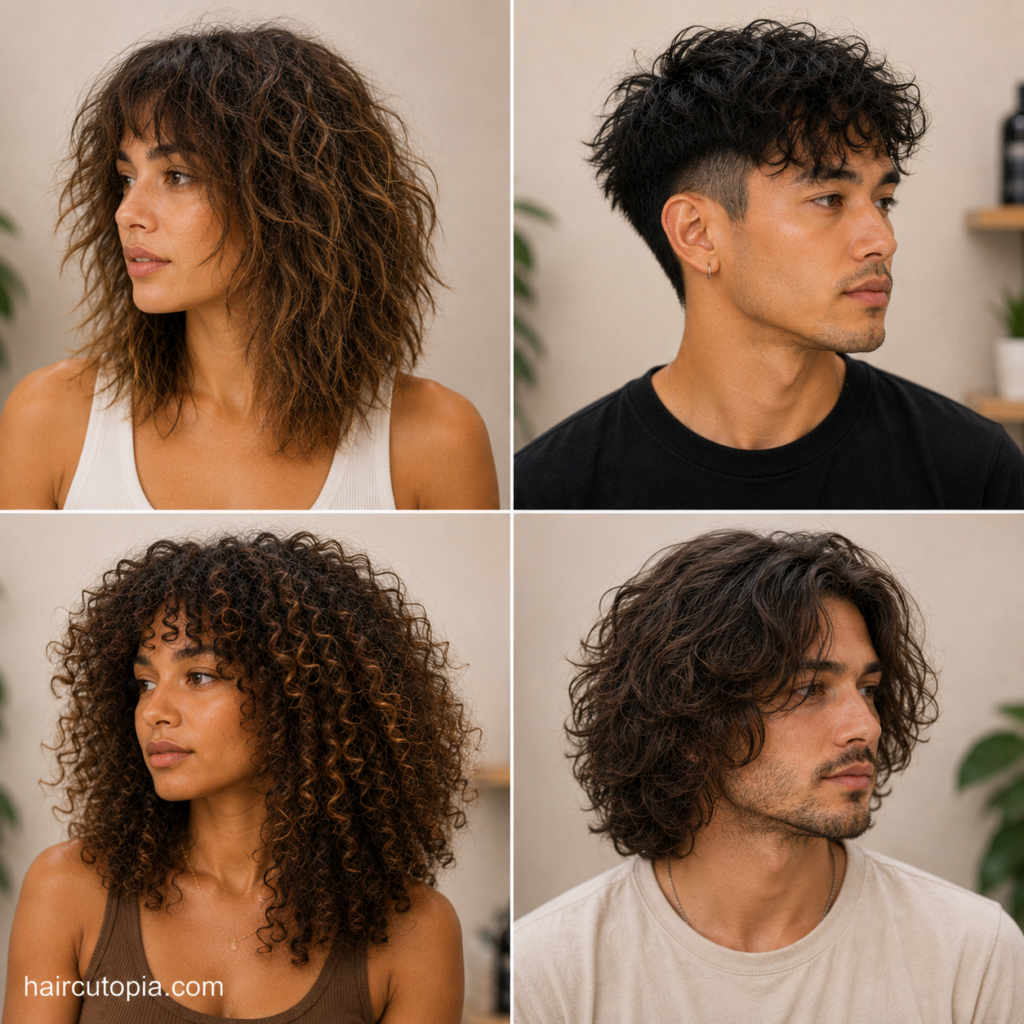 Men and women showcasing haircuts for frizzy hair with a layered shag, textured crop, defined curls, and medium wavy style