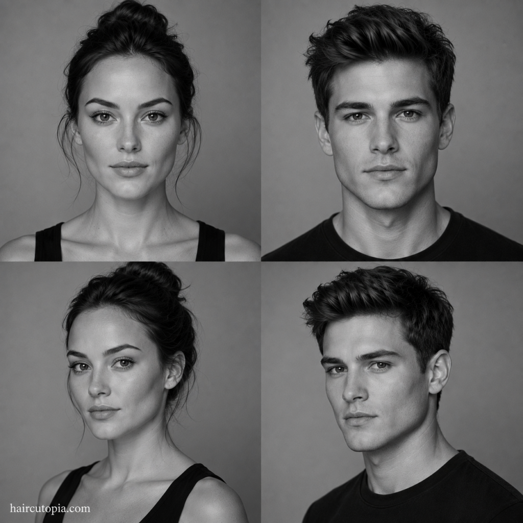 Four-panel black-and-white editorial collage showing feminine-presenting and masculine-presenting adults with heart-shaped faces from front and three-quarter views.