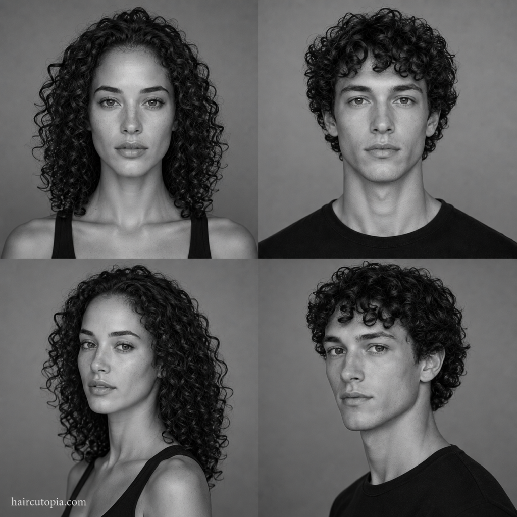 Four-panel black-and-white editorial collage showing feminine-presenting and masculine-presenting adults with long face shapes and naturally curly hair from front and three-quarter views.