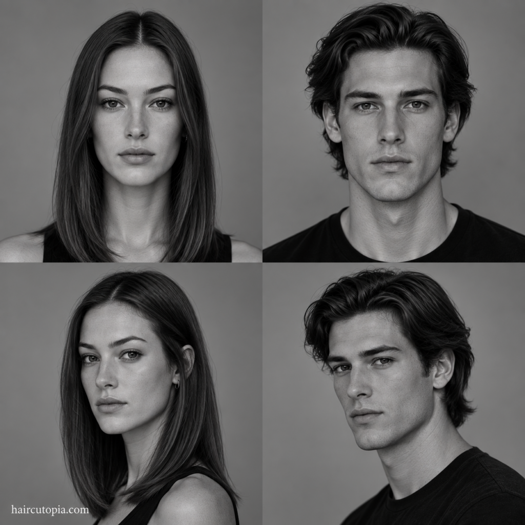 Four-panel black-and-white editorial collage showing feminine-presenting and masculine-presenting adults with long face shapes and straight hair from front and three-quarter views.