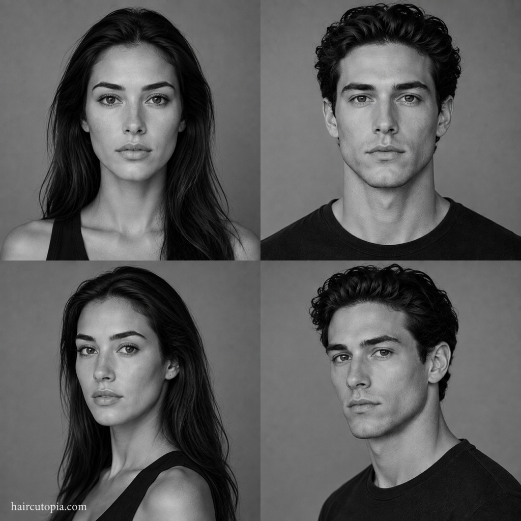 Four-panel black-and-white editorial collage showing feminine-presenting and masculine-presenting adults with long face shapes from front and three-quarter views.