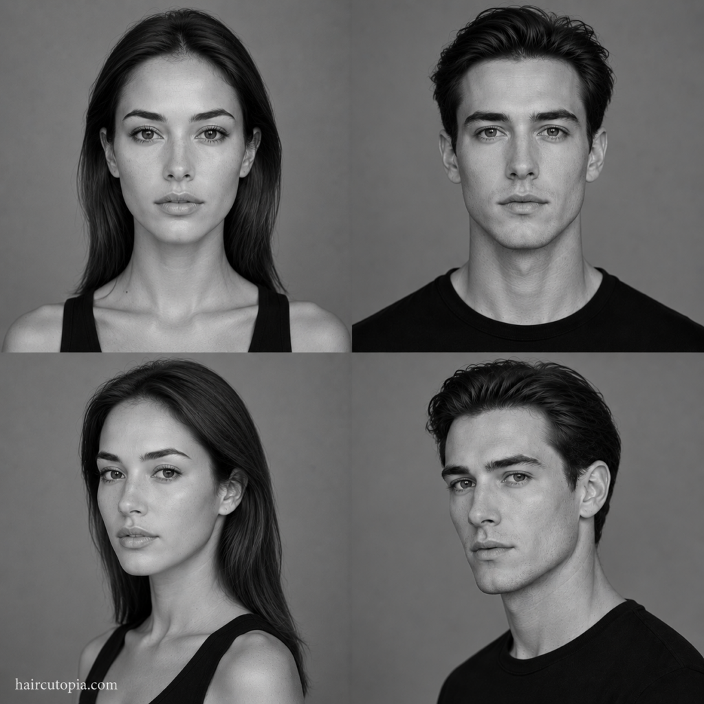 Four-panel black-and-white editorial collage showing feminine-presenting and masculine-presenting adults with long face shapes from front and three-quarter views.