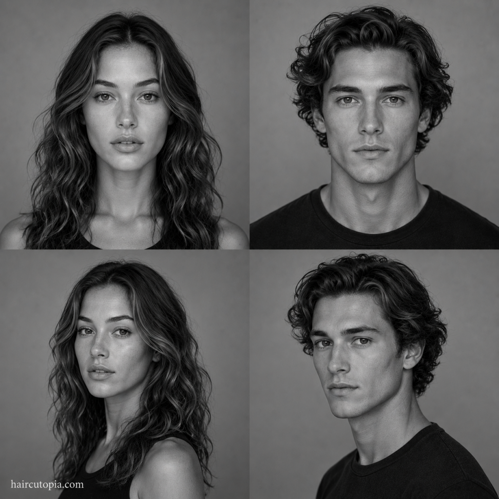 Four-panel black-and-white editorial collage showing feminine-presenting and masculine-presenting adults with long face shapes and naturally wavy hair from front and three-quarter views.