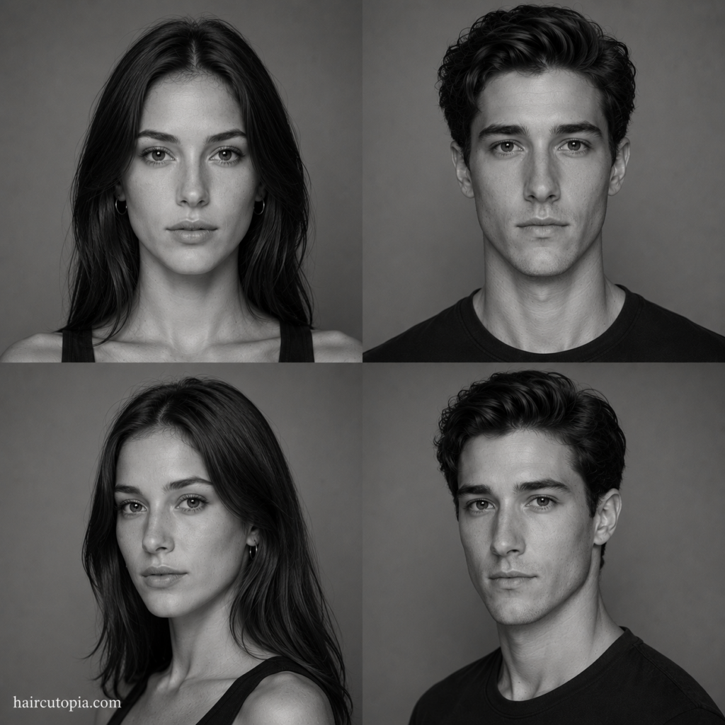 Four-panel black-and-white editorial collage showing feminine-presenting and masculine-presenting adults with long face shapes from front and three-quarter views.