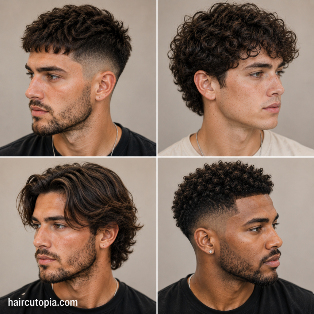 Haircuts for men with coarse hair featuring textured crops, curls, fades, and longer styles
