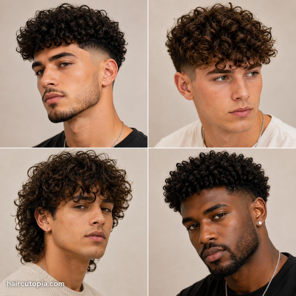 Collage of men with curly haircuts featuring taper fades, textured curls, longer layers, and curly fringe styles.