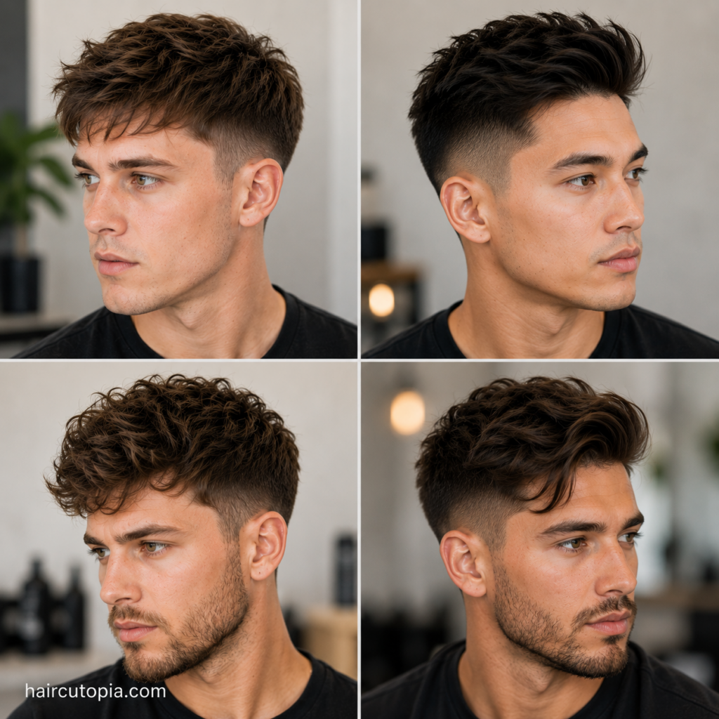 Close-up collage of men with haircuts for fine hair, featuring textured crops, crew cuts, taper fades, and quiffs that create the appearance of thicker hair.