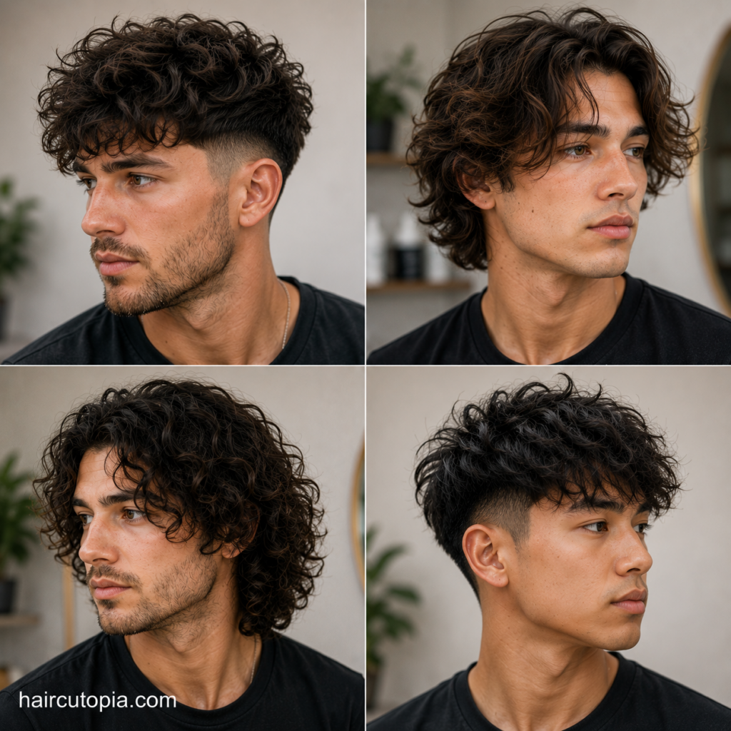 Men showcasing haircuts for frizzy hair with textured crops, waves, curls, fades, and medium-length styles