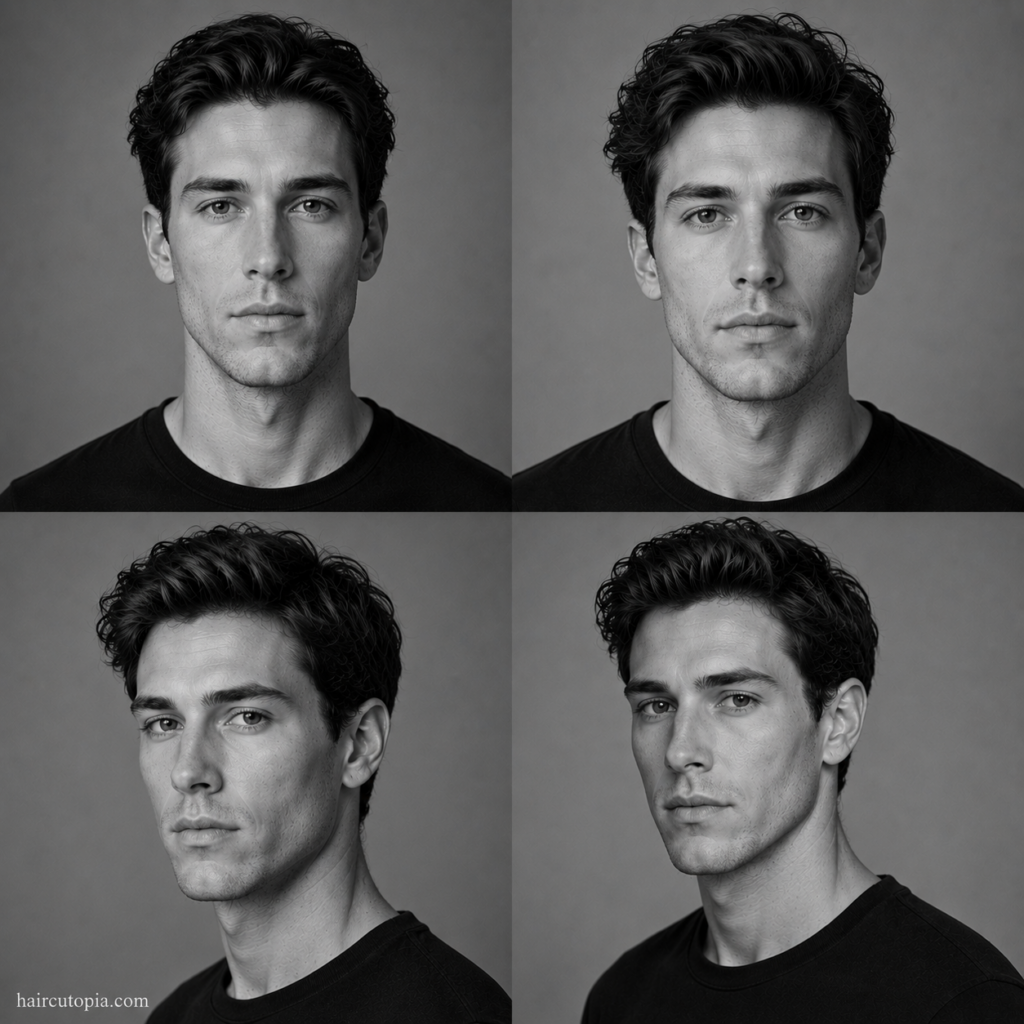 Four-panel black-and-white editorial collage showing a man with a long face shape from front and three-quarter views.