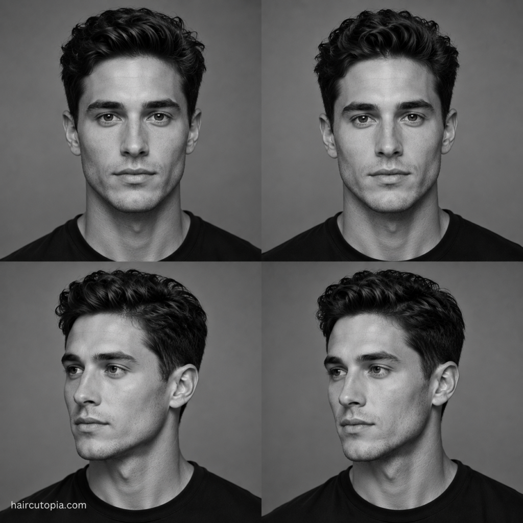 Four-panel black-and-white editorial collage showing a man with an oval face shape from front and three-quarter views for identifying facial proportions before choosing a haircut.