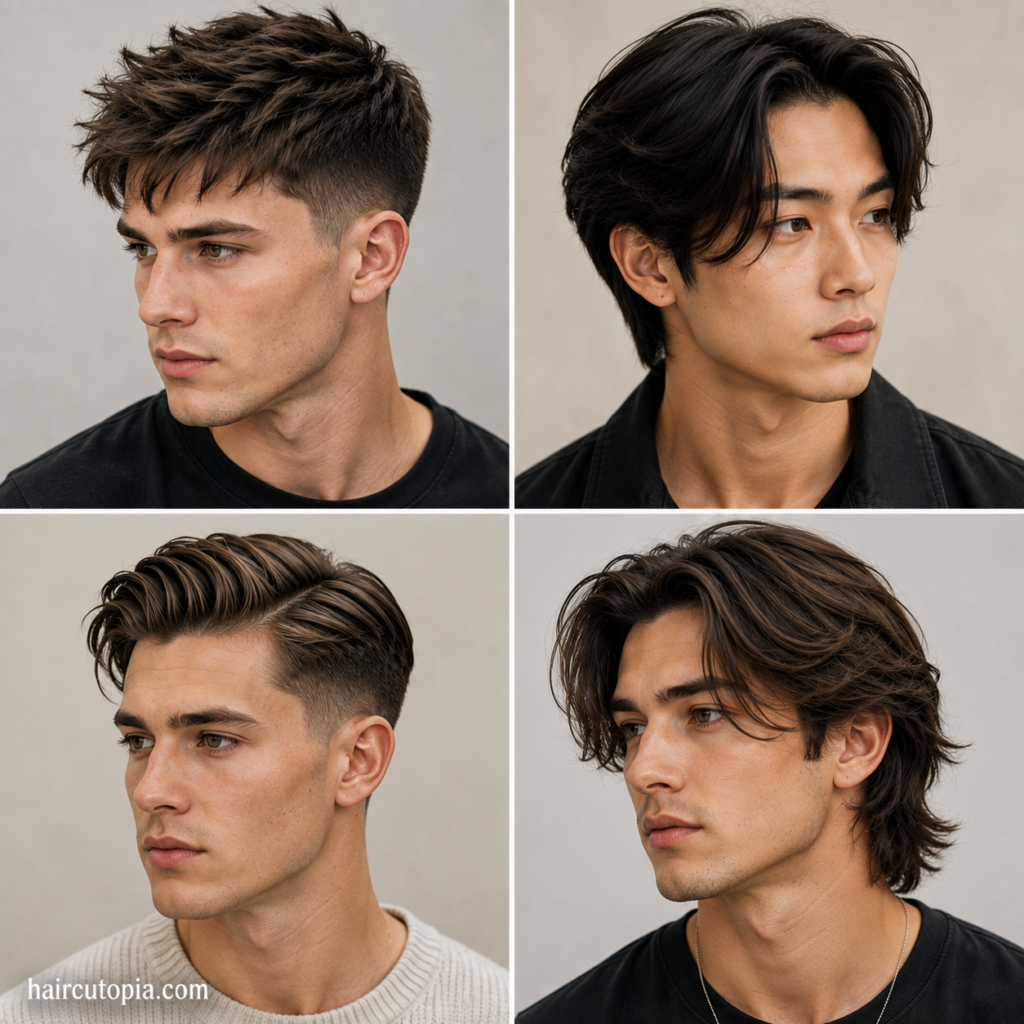 Haircuts for men with straight hair featuring fades, fringes, and medium styles
