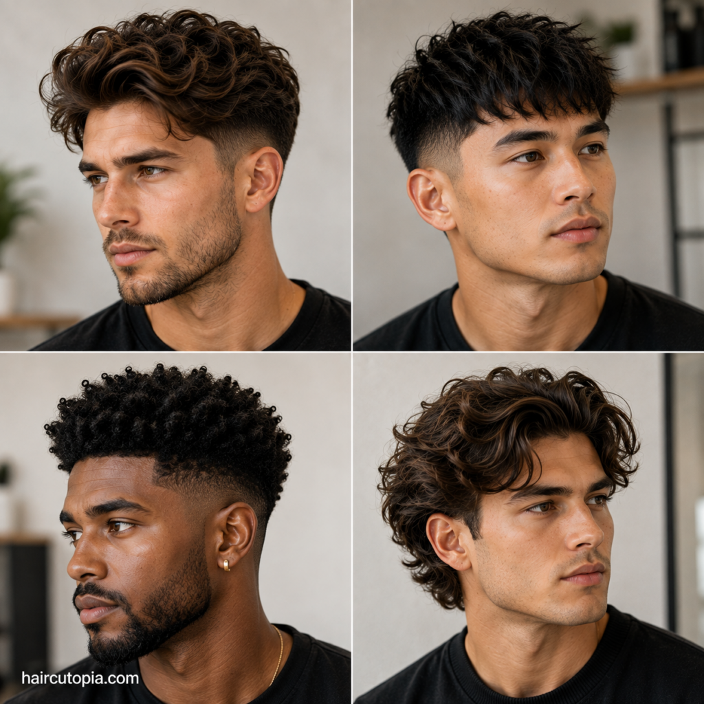 Editorial collage of men with thick hair featuring textured crops, fades, quiffs, curly hairstyles, and modern barber-inspired haircuts.