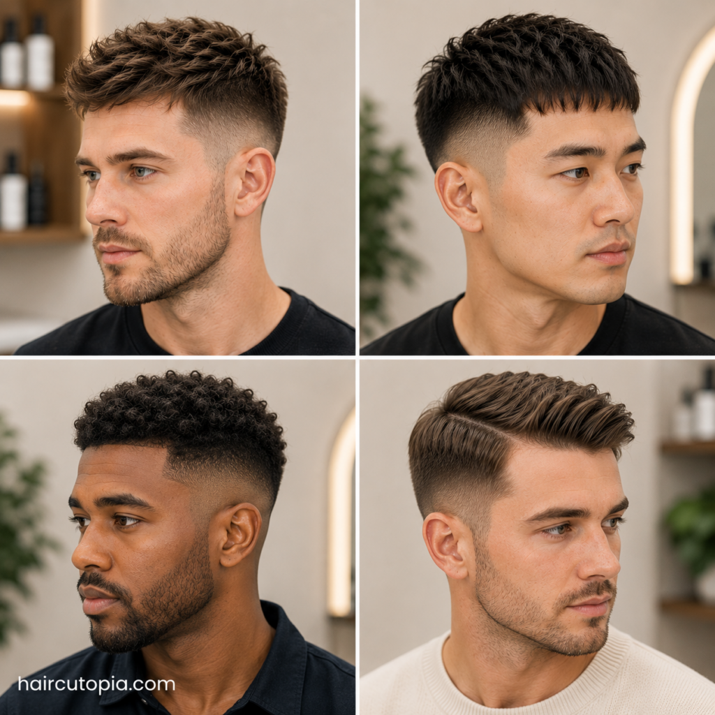 Collage of men with textured crops, French crops, crew cuts, and fade haircuts for thin hair.