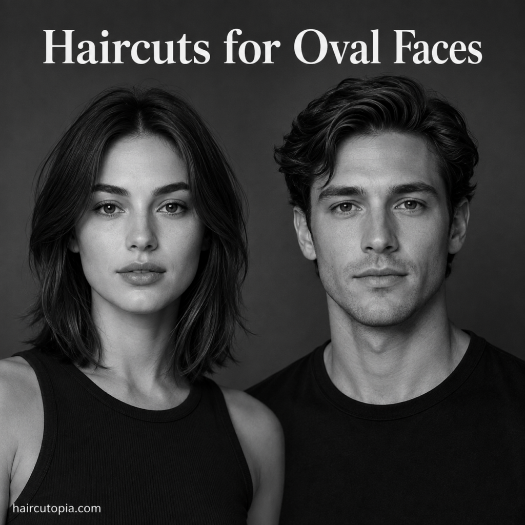 Two adults with oval face shapes demonstrating flattering hairstyles in a black-and-white editorial portrait for a guide on haircuts for oval faces.