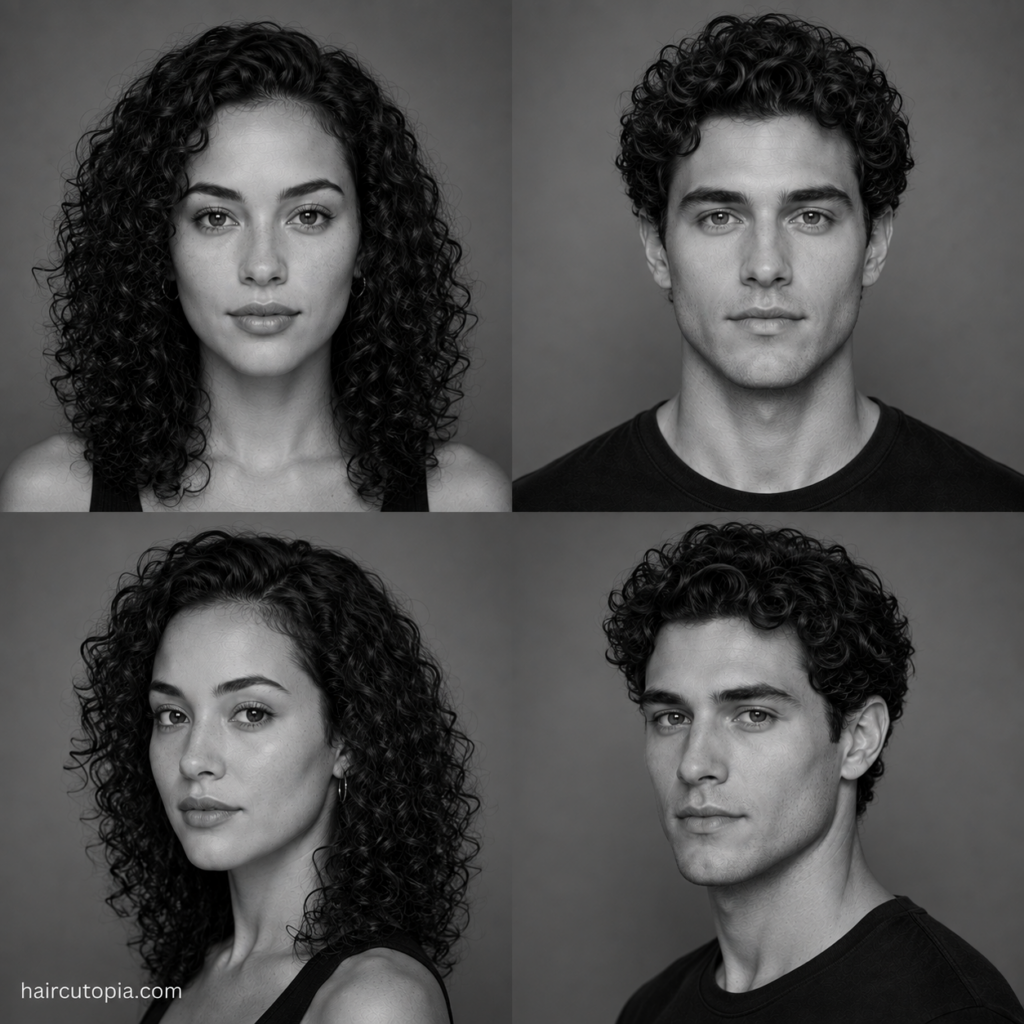 Four-panel black-and-white editorial collage showing feminine-presenting and masculine-presenting adults with oval face shapes and naturally curly hair from front and three-quarter views.
