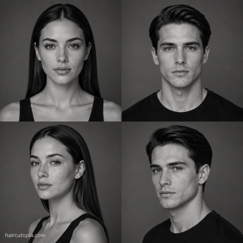 Four-panel black-and-white editorial collage showing feminine-presenting and masculine-presenting adults with oval face shapes and naturally straight hair from front and three-quarter views.