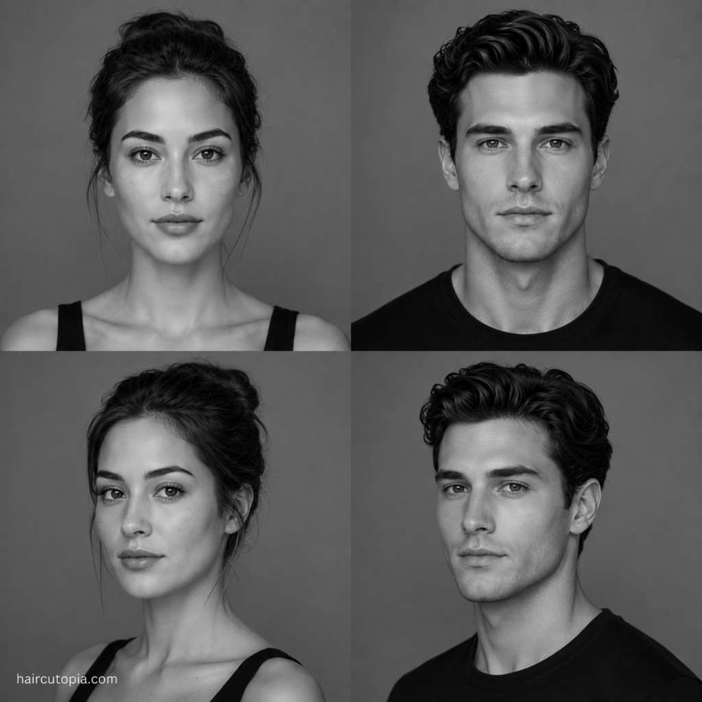 Four-panel black-and-white editorial collage showing feminine-presenting and masculine-presenting adults with oval face shapes and thick hair from front and three-quarter views.