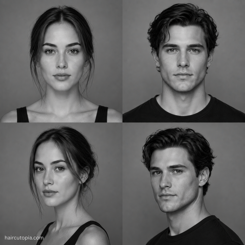 Four-panel black-and-white editorial collage showing feminine-presenting and masculine-presenting adults with oval face shapes and thin hair from front and three-quarter views.