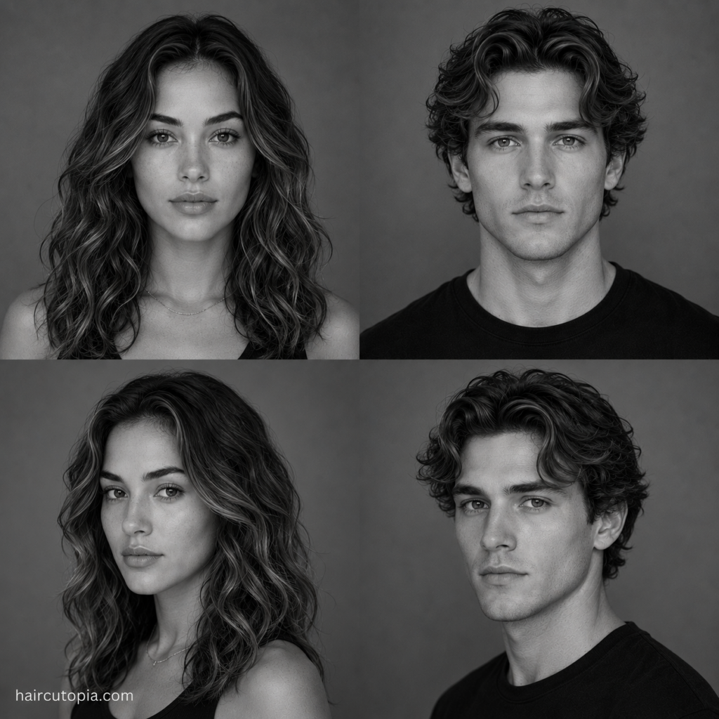 Four-panel black-and-white editorial collage showing feminine-presenting and masculine-presenting adults with oval face shapes and naturally wavy hair from front and three-quarter views.