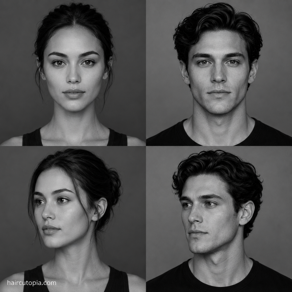 Four-panel black-and-white editorial collage showing feminine-presenting and masculine-presenting adults with oval face shapes from front and three-quarter views.