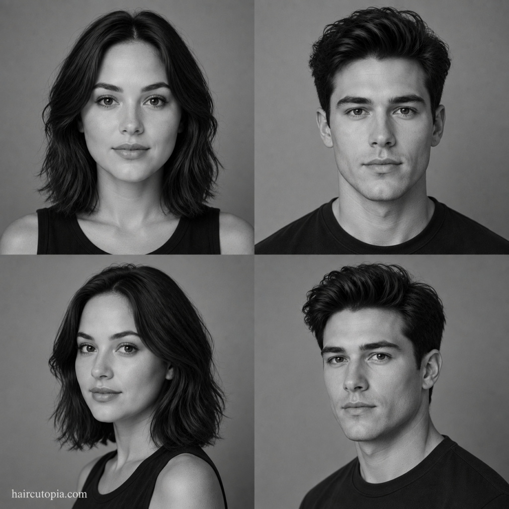 Four-panel black-and-white editorial collage showing feminine-presenting and masculine-presenting adults with oval face shapes from front and three-quarter views.