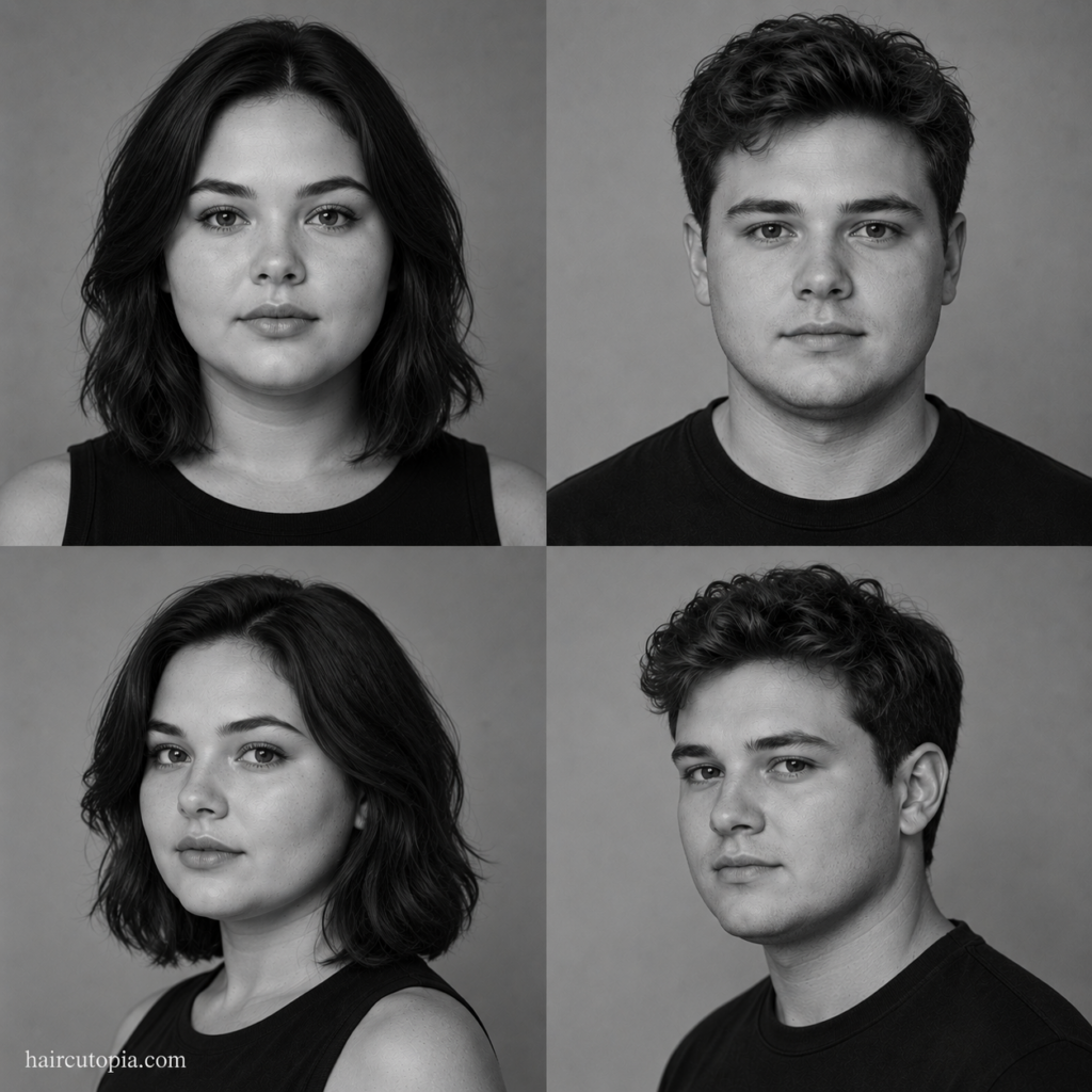 Four-panel black-and-white editorial collage showing feminine-presenting and masculine-presenting adults with round face shapes from front and three-quarter views.