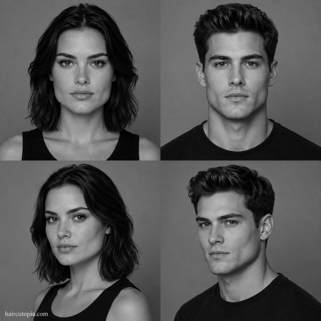 Four-panel black-and-white editorial collage showing feminine-presenting and masculine-presenting adults with square face shapes from front and three-quarter views.