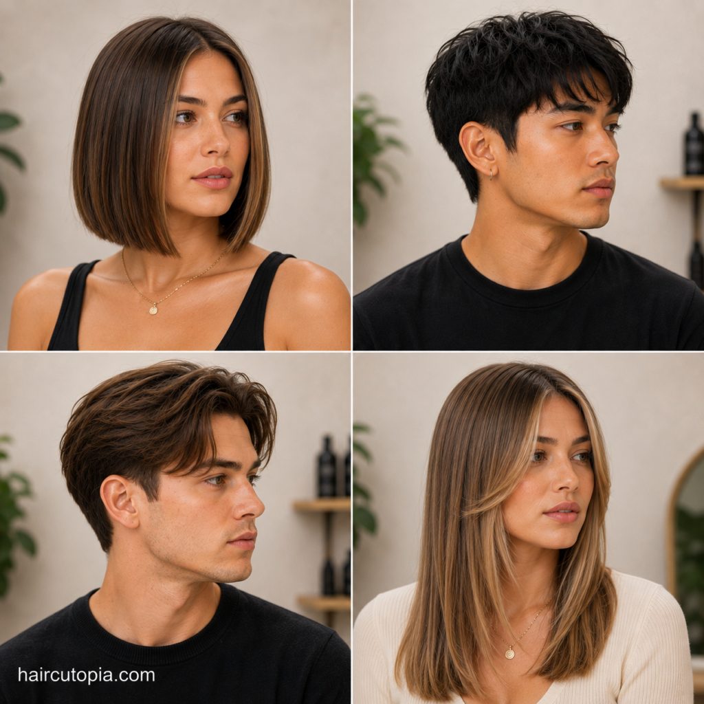 Men and women showcasing haircuts for straight hair with a sleek bob, textured men's cuts, and long layered styles