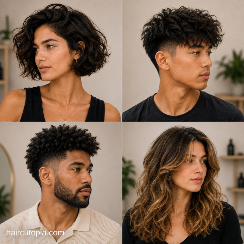 Men and women showcasing haircuts for thick hair with short textured cuts, curls, waves, and layered styles