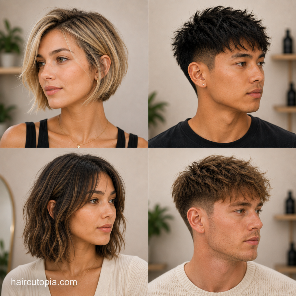 Men and women showcasing haircuts for thin hair with bobs, textured crops, waves, and fuller-looking short styles