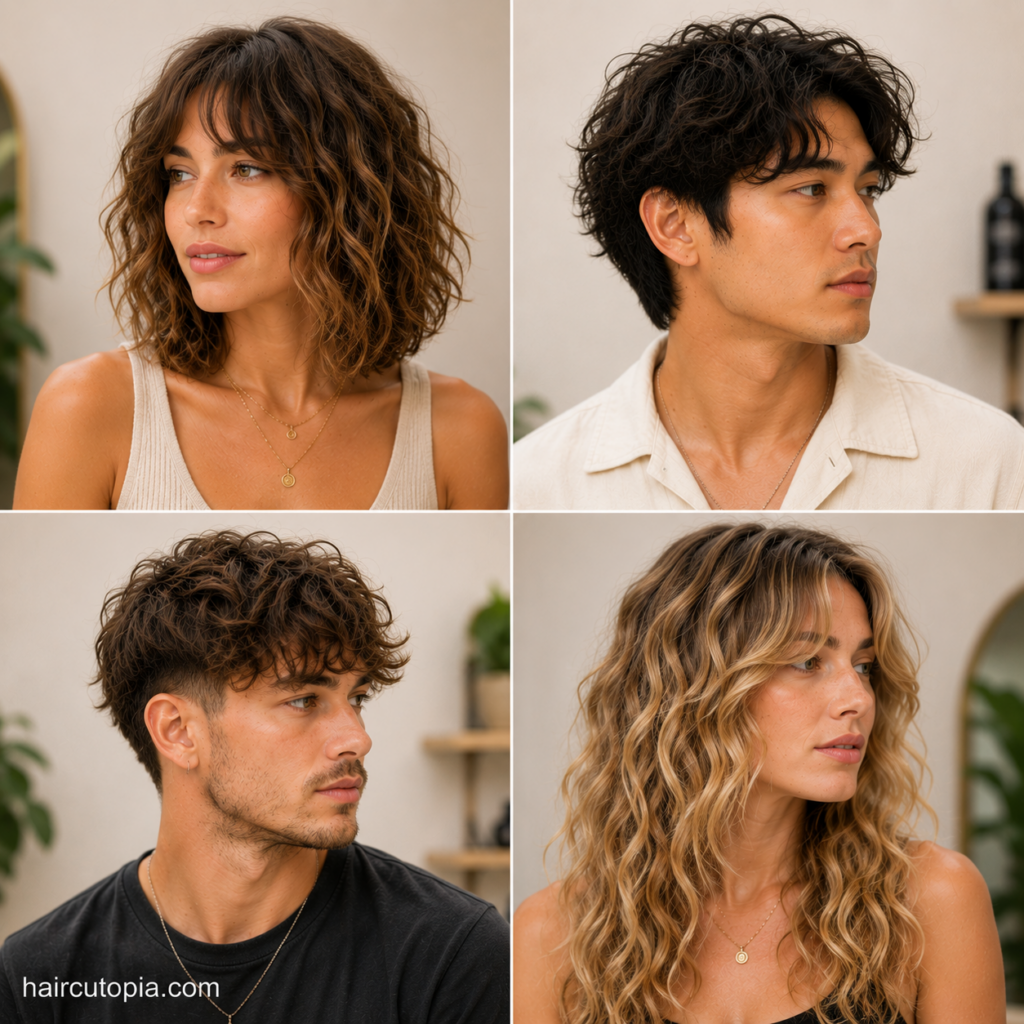 Men and women showcasing haircuts for wavy hair with a wavy bob, textured men's cuts, and long layered waves