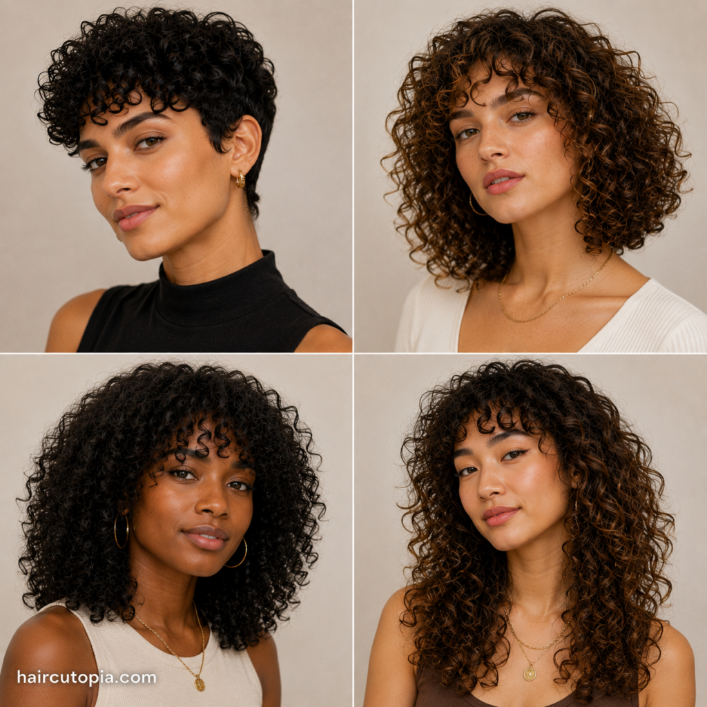 Collage of women with curly haircuts featuring a curly pixie, layered bob, medium curls, and long layered curly hair.