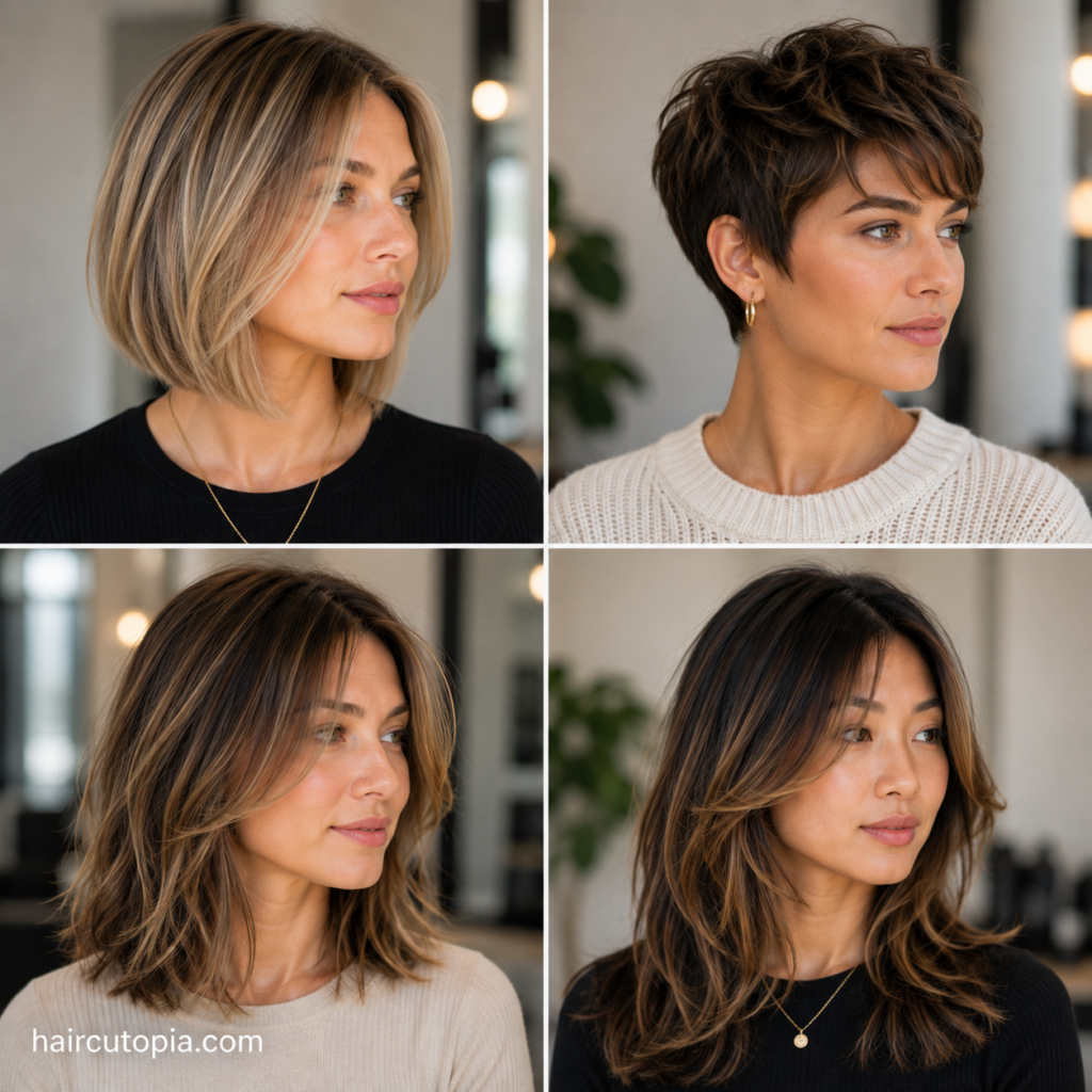 Close-up collage of women with haircuts for fine hair, featuring blunt bobs, pixie cuts, layered shoulder-length hairstyles, and long layered hair that add volume and movement.