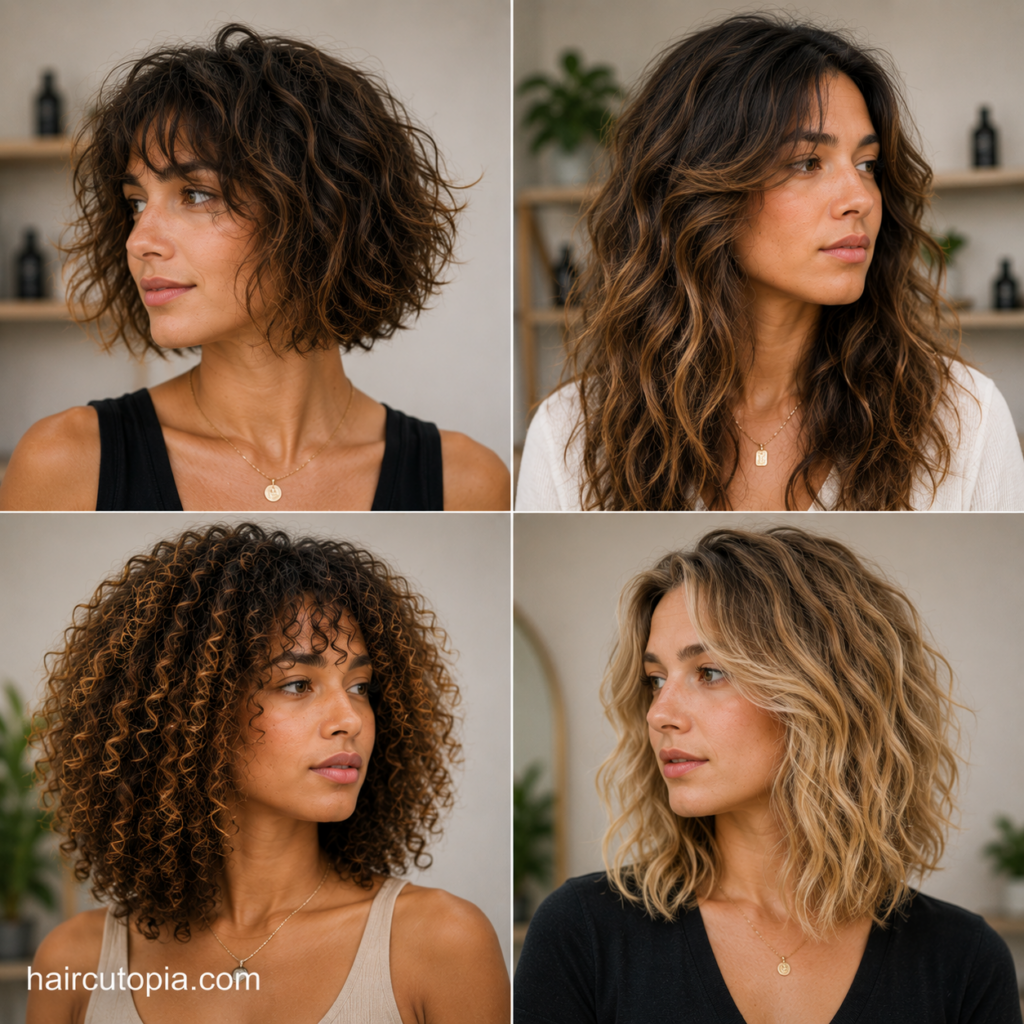 Women showcasing haircuts for frizzy hair with short bobs, medium waves, curls, and long layered styles