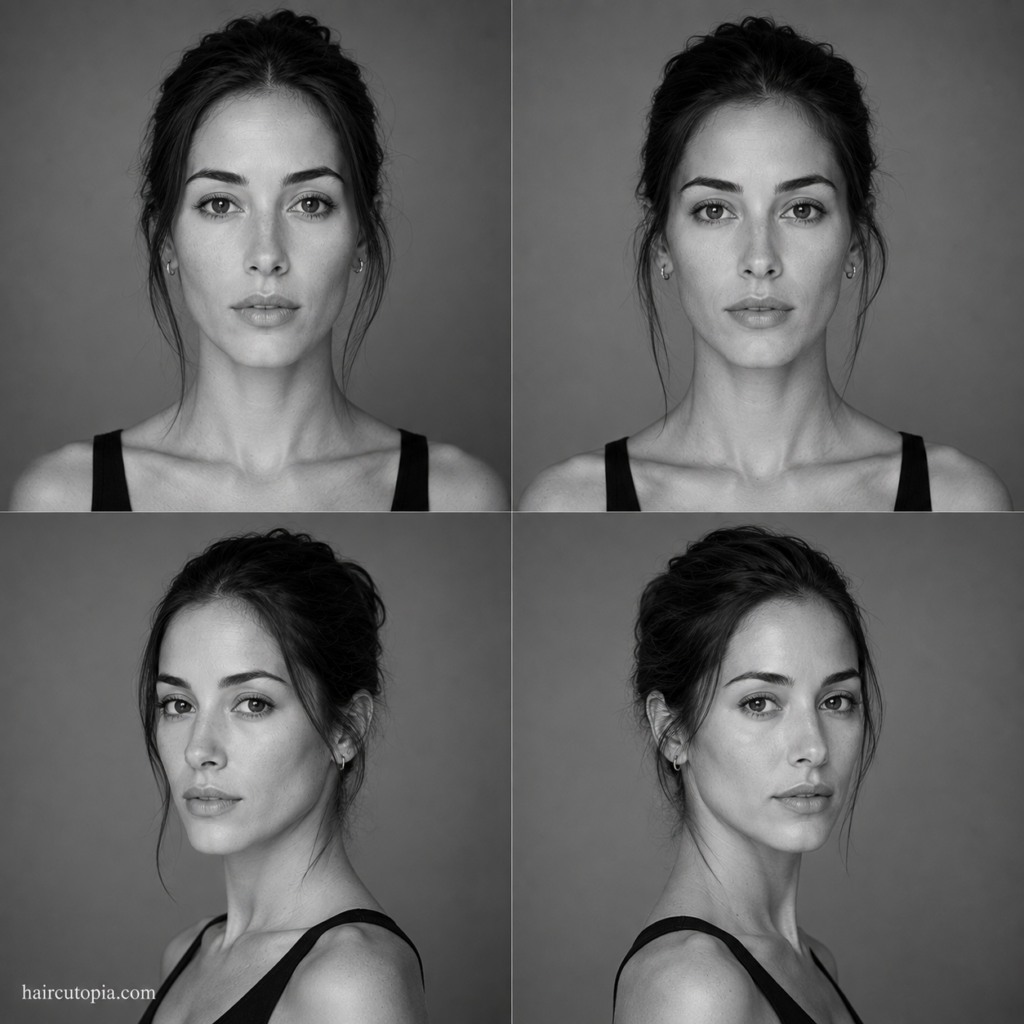 Four-panel black-and-white editorial collage of a woman with a long face shape shown from front and three-quarter views.