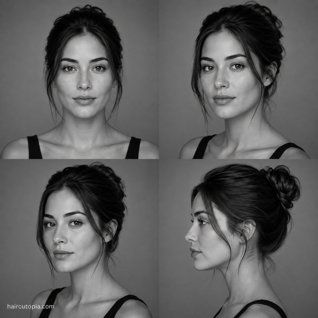 Four-panel black-and-white editorial collage showing a woman with an oval face shape from front, three-quarter, and profile views for identifying facial proportions before choosing a haircut.